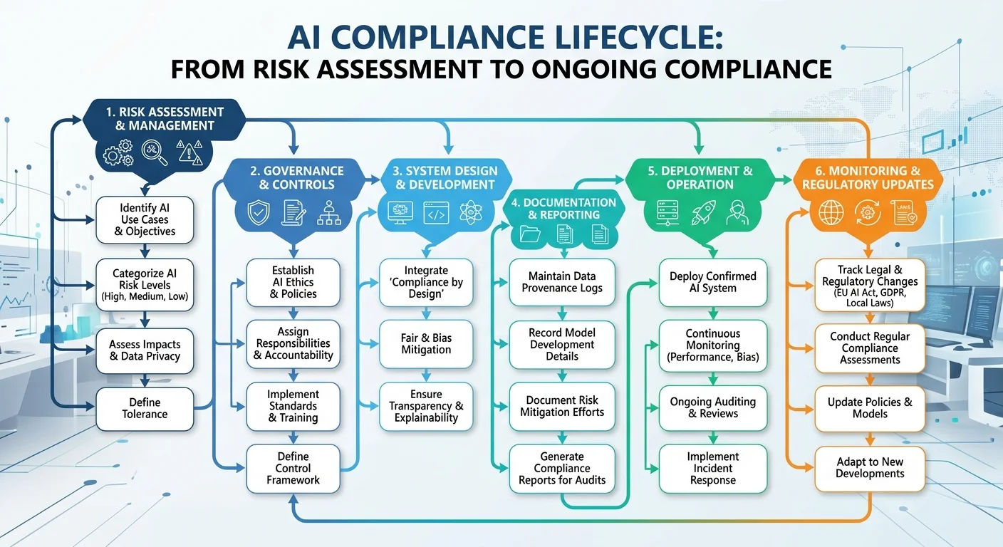 alt: AI compliance lifecycle flowchart covering risk assessment, documentation, and monitoring stages