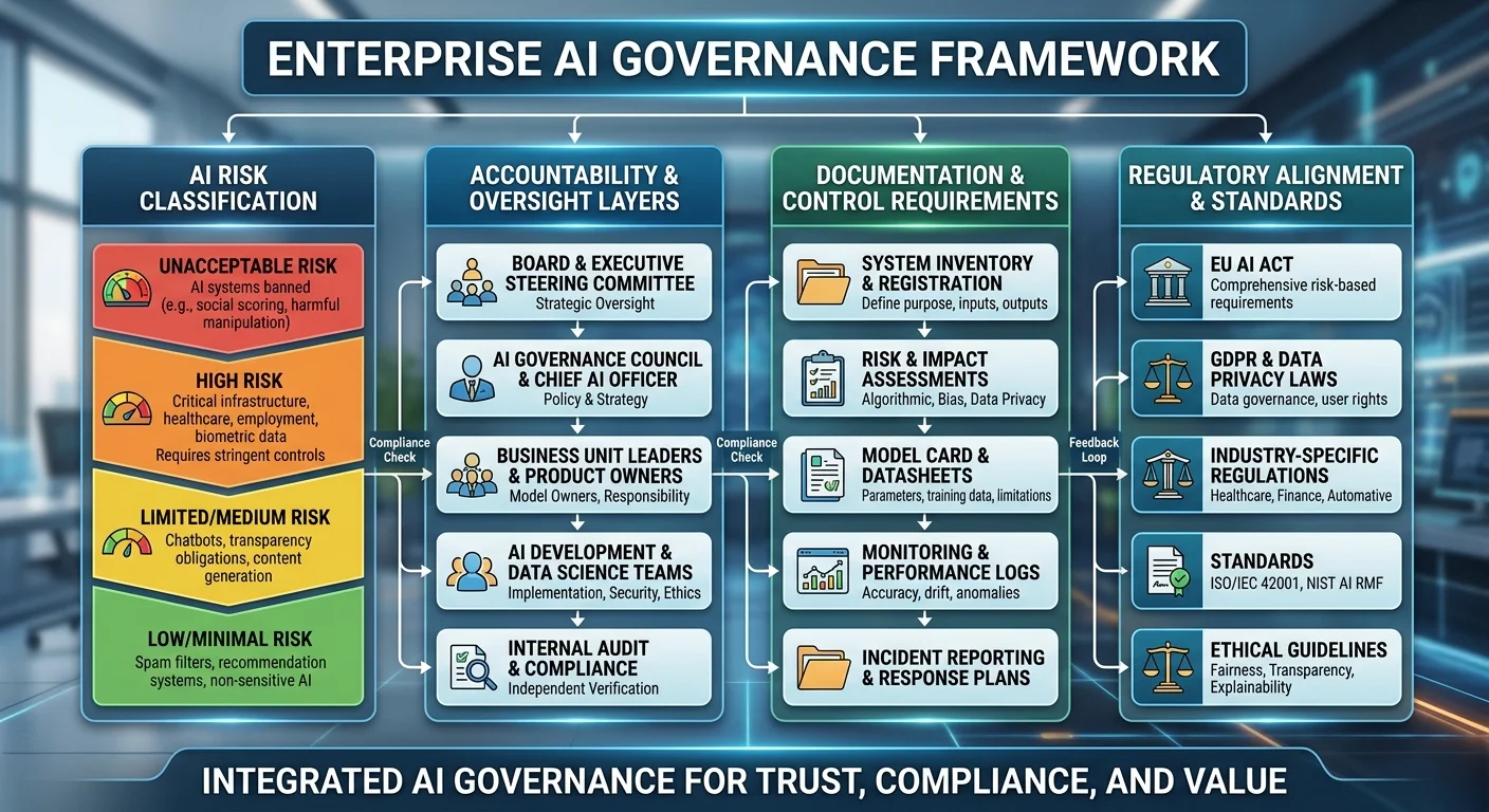 Diagram of enterprise AI governance best practices framework with four interconnected layers