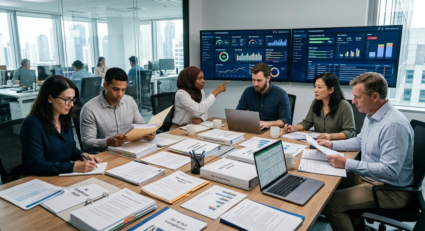 AI compliance audit team reviewing documentation and monitoring dashboards