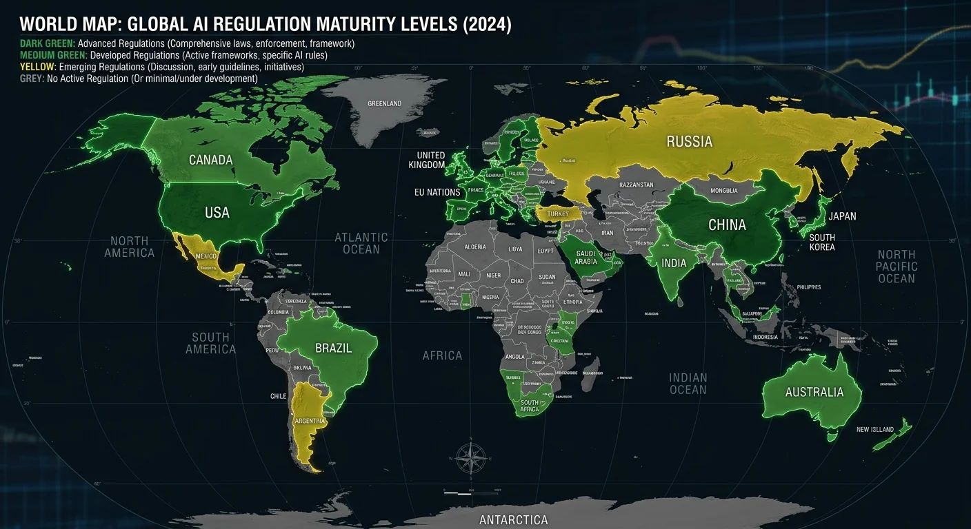 World map showing AI regulation status by country including EU, US, China, Brazil, and Canada